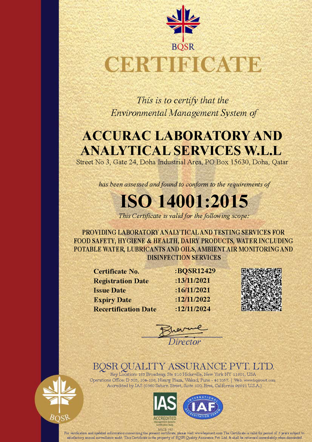 ISO 14001:2015 Accreditation 2021 to 2024- Accurac Laboratory