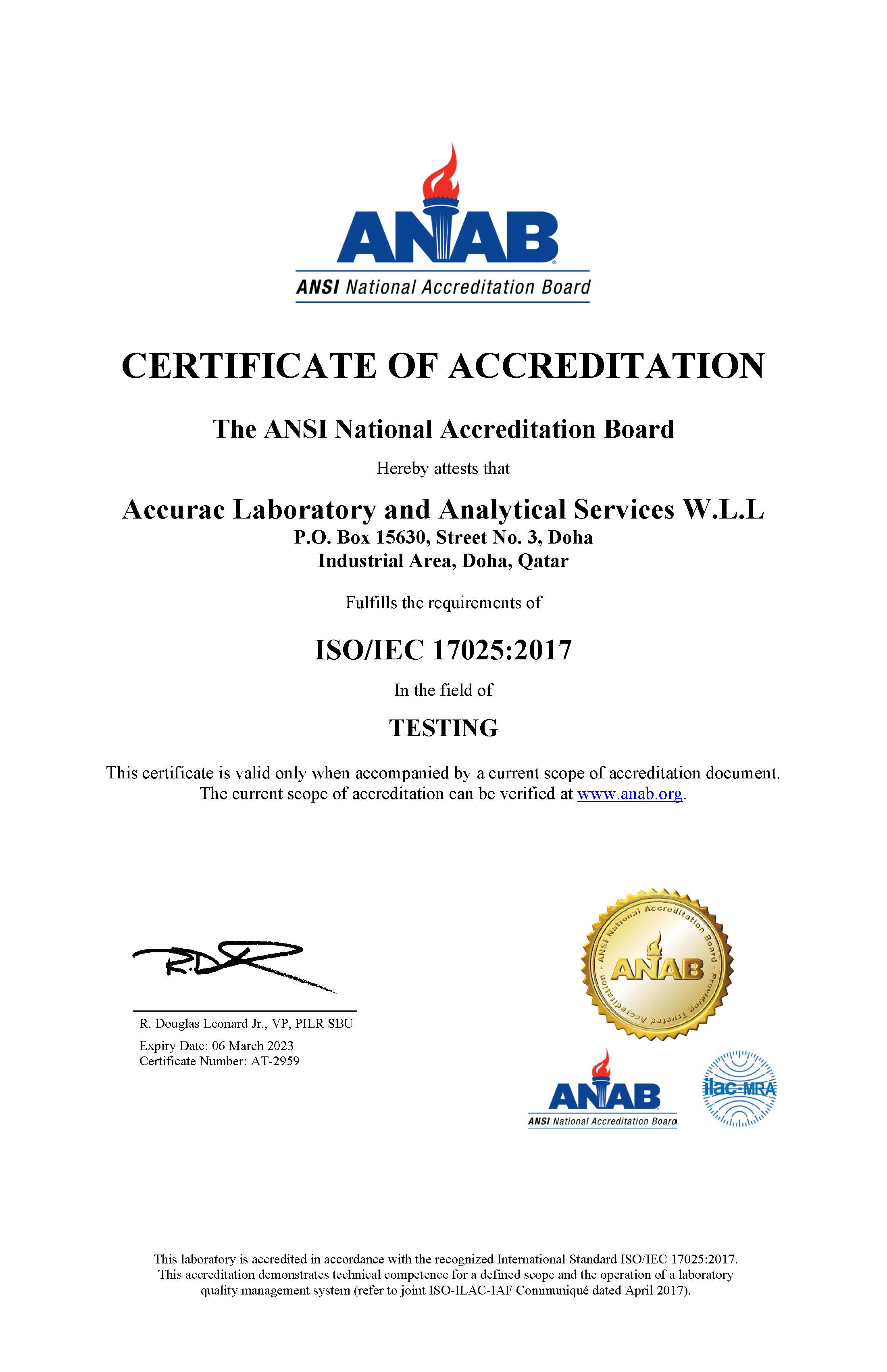 ISO 17025:2017 ANAB ANSI NAtional Accreditation Board - Accurac Laboratory