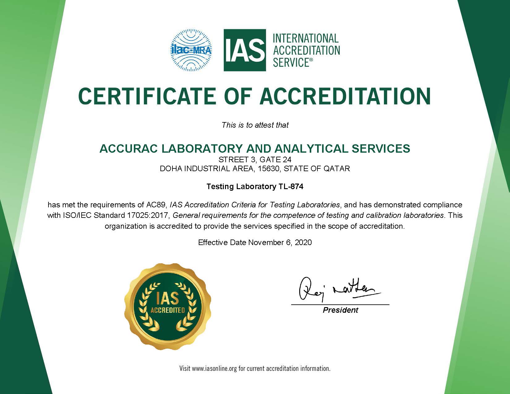 ISO 17025:2017 IAS International Accreditation Service - Accurac Laboratory
